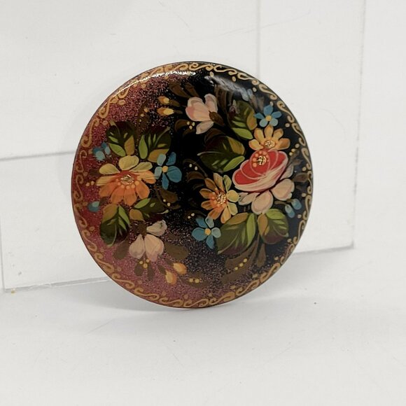 Vintage Hand-Painted Russian Pin Black Lacquer Floral Brooch Gold Accents 2" - Picture 6 of 10